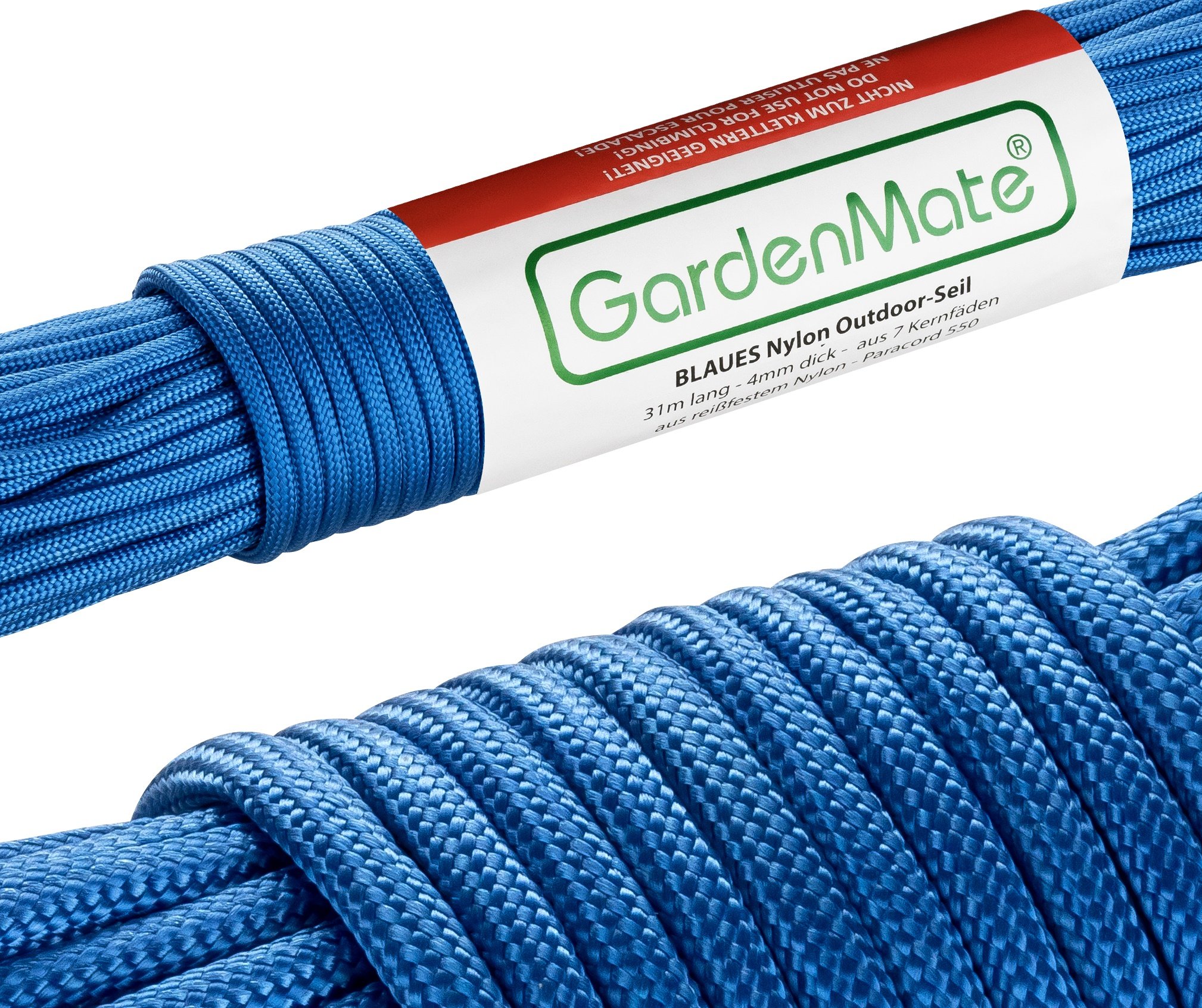 GardenMate Professional Nylon Outdoor Rope, Paracord 550, 31m Long, 4mm Thick, Tear-Resistant Kernmantle Rope with 7 Core Strands, Blue — image 1