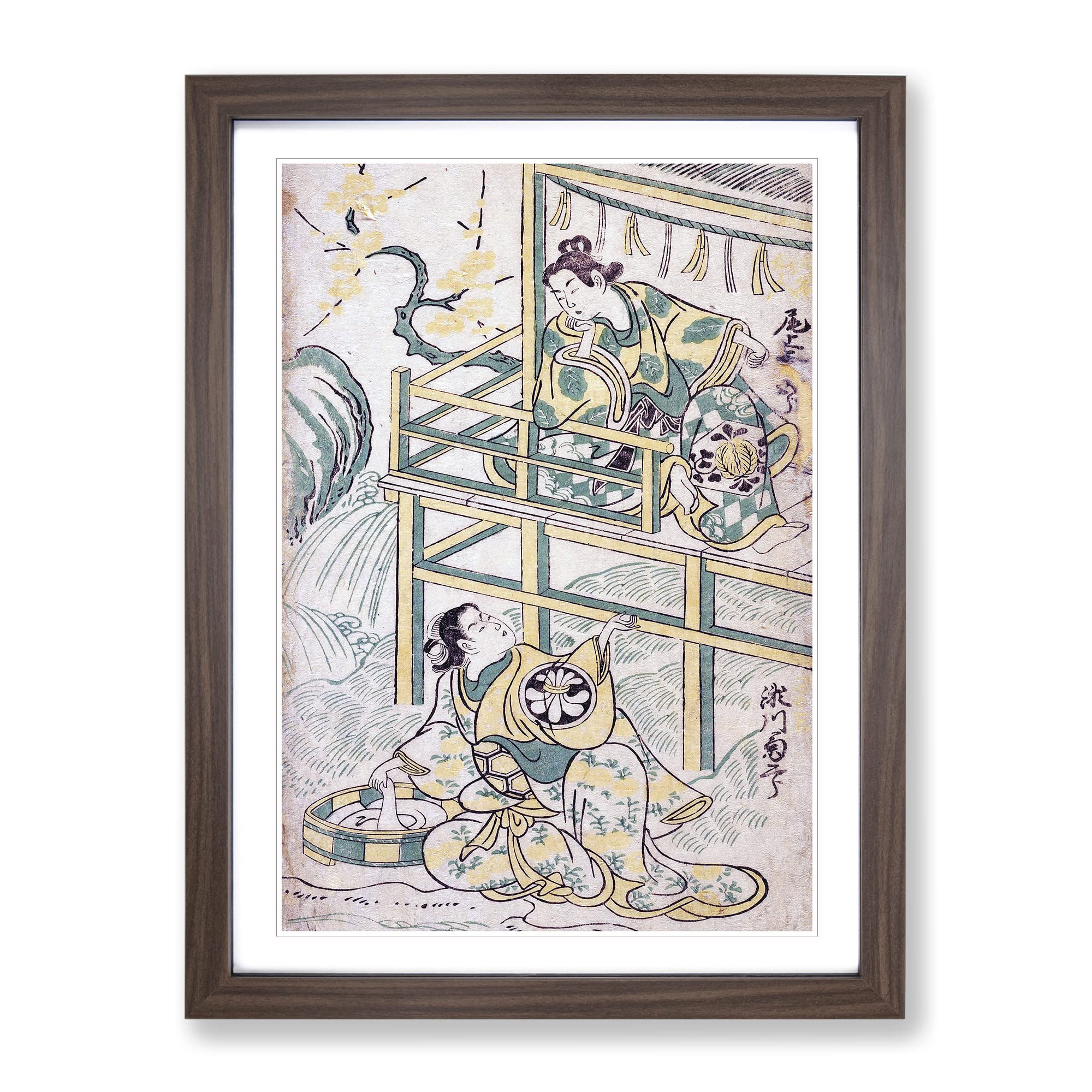 Scene From A Drama By Torii Kiyonobu Asian Japanese Framed Wall Art Print, Ready to Hang Picture for Living Room Bedroom Home Office Décor, Walnut A4 (34 x 25 cm)