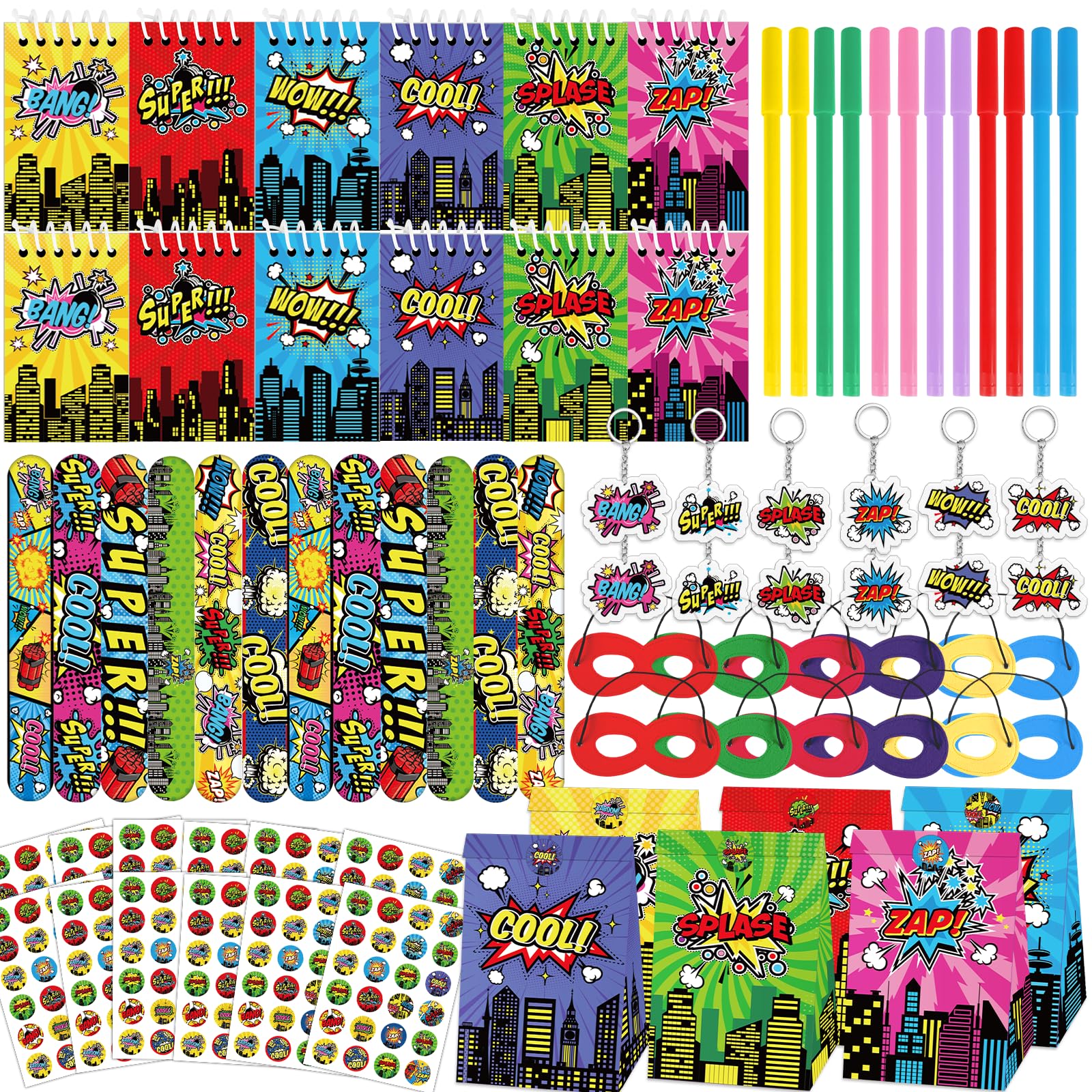 Photo 1 of 12Sets Hero Themed Super Party Favors with Colorful Paper Gift Bag Notepad Pen Slap Bracelet Key Chain Eye Mask Sticker Comic Hero Themed Party Supplies for Boy Girl Birthday Classroom Game Activities