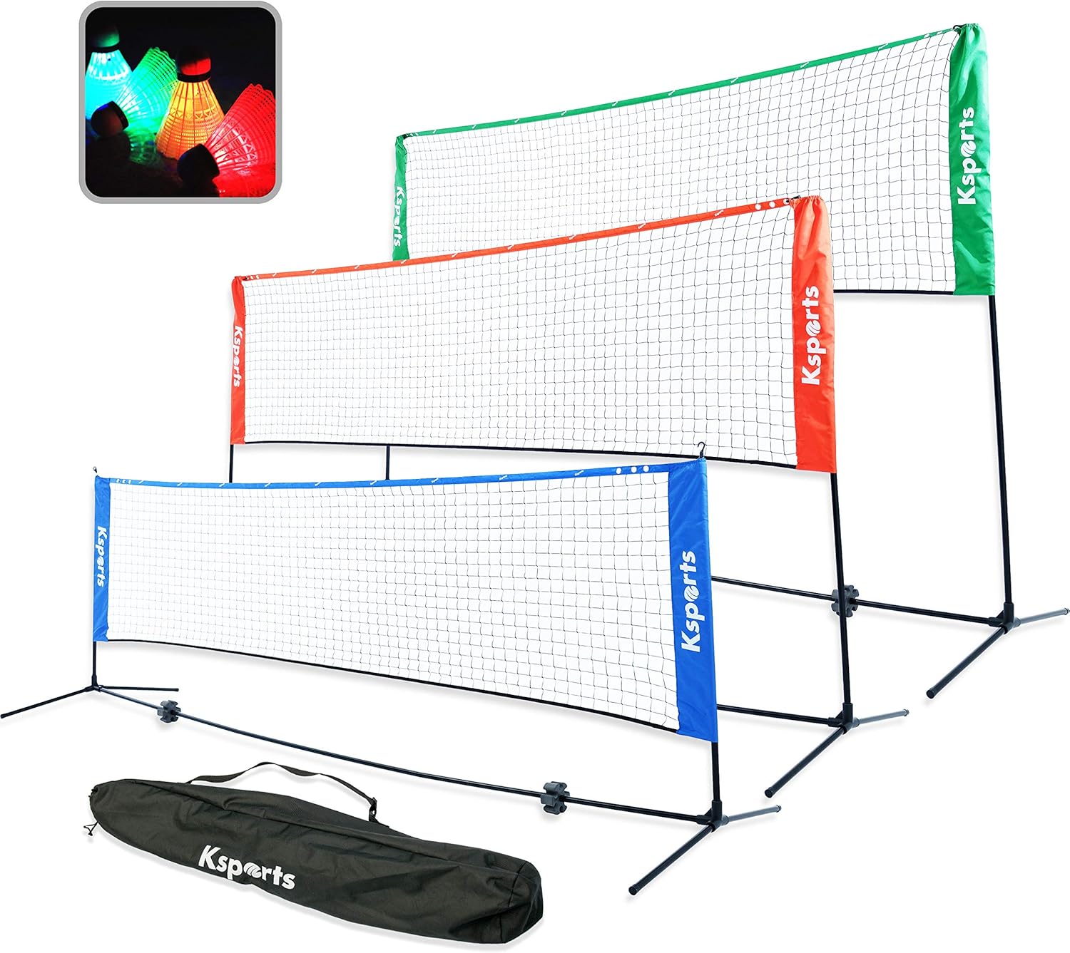 Ksports Tennis Net Bundle Comprising of−One Blue 17ft Multisports Net−4 LED Birdies Shuttlecocks−One Carry Bag−for Tennis, Badminton, Kids Volleyball, Pickleball−Easy Setup-Indoor & Outdoor : Garden & Outdoor