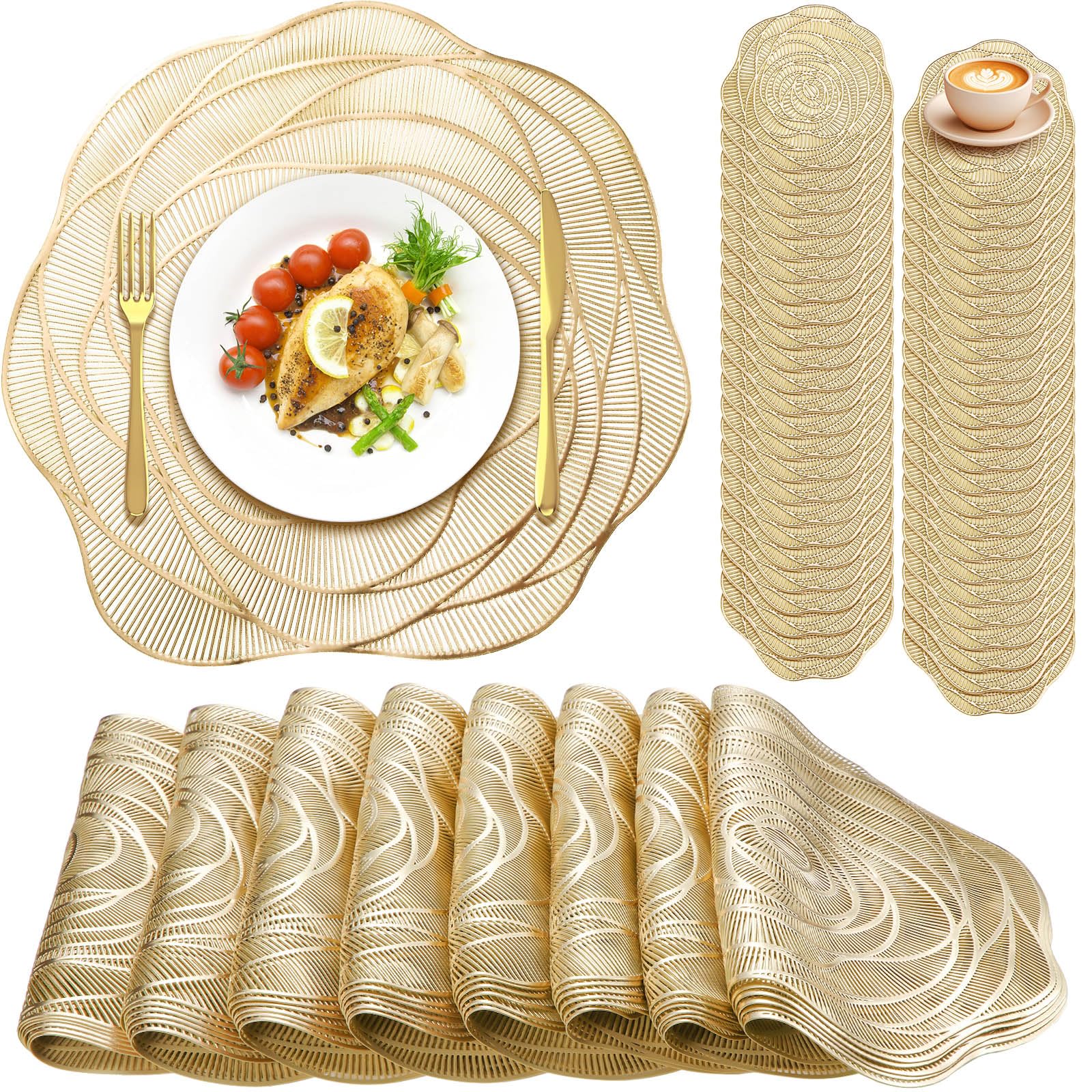 Photo 1 of Sieral 48 Set 15 Inch Round Pressed Vinyl Placemats Hollow Out Rose Placemat Set Metallic Slip Resistant Place Mat Coaster Including Place Mats and Coasters for Wedding Dining Kitchen (Gold)