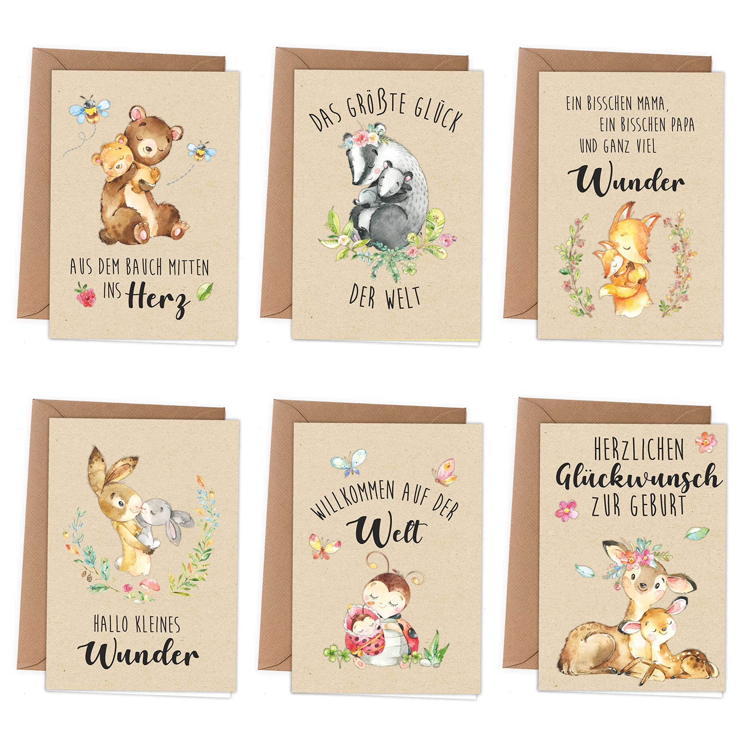 6 Greeting Cards for Birth - Baby Folding Cards with Envelope - Cute Greeting Cards with Forest Animals - Set 1