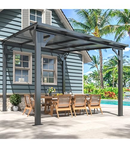 Devoko 10'x10' Lean-To Gazebo - Wall-Mounted Hardtop Pergola For Patio, Deck, Or Backyard, UV-Resistant Polycarbonate