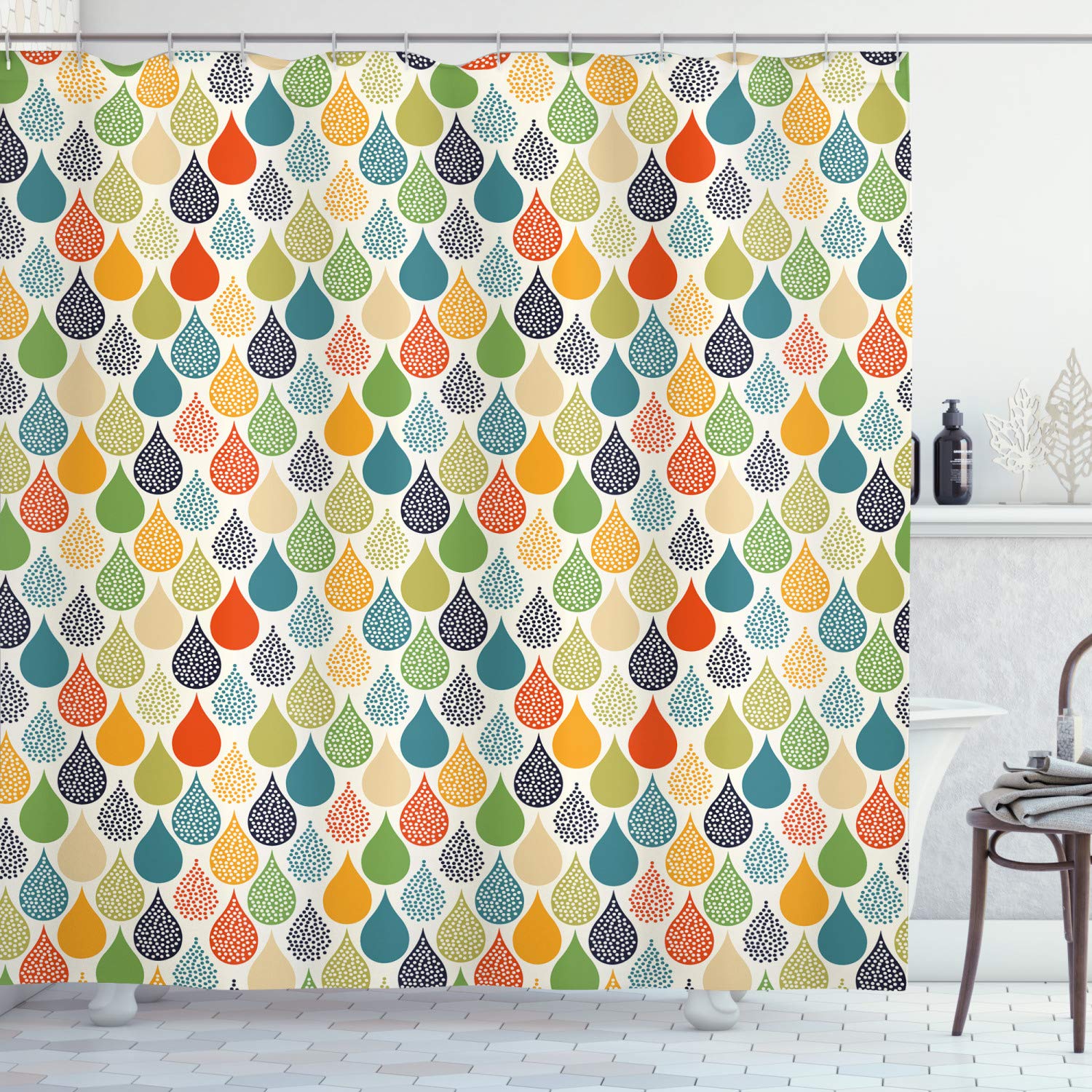 ABAKUHAUS Abstract Shower Curtain, Colorful Large Drop Dots Pattern in Various Tones Retro Funky Fashion Graphic, Cloth Fabric Bathroom Decor Set with Hooks, 78 Inches, Multicolor