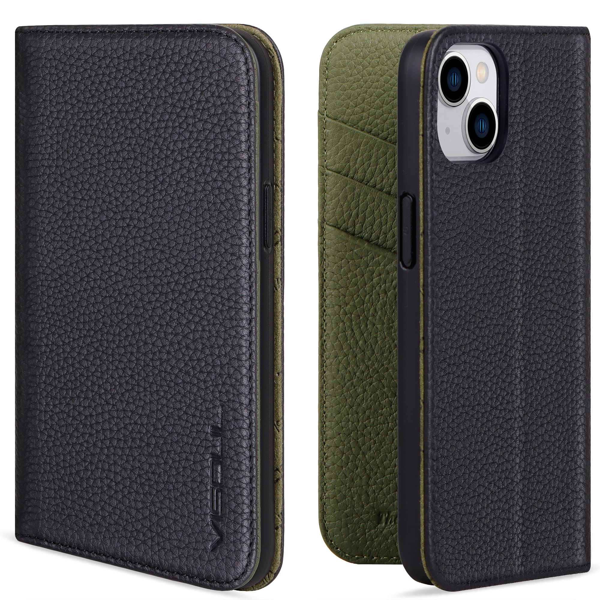 VISOUL Genuine Leather Case Compatible for iPhone 14 6.1" 2022 Wallet Case with Card Holder, Magnetic Folio cover, Kickstand, Shockproof TPU Inner Shell-Green