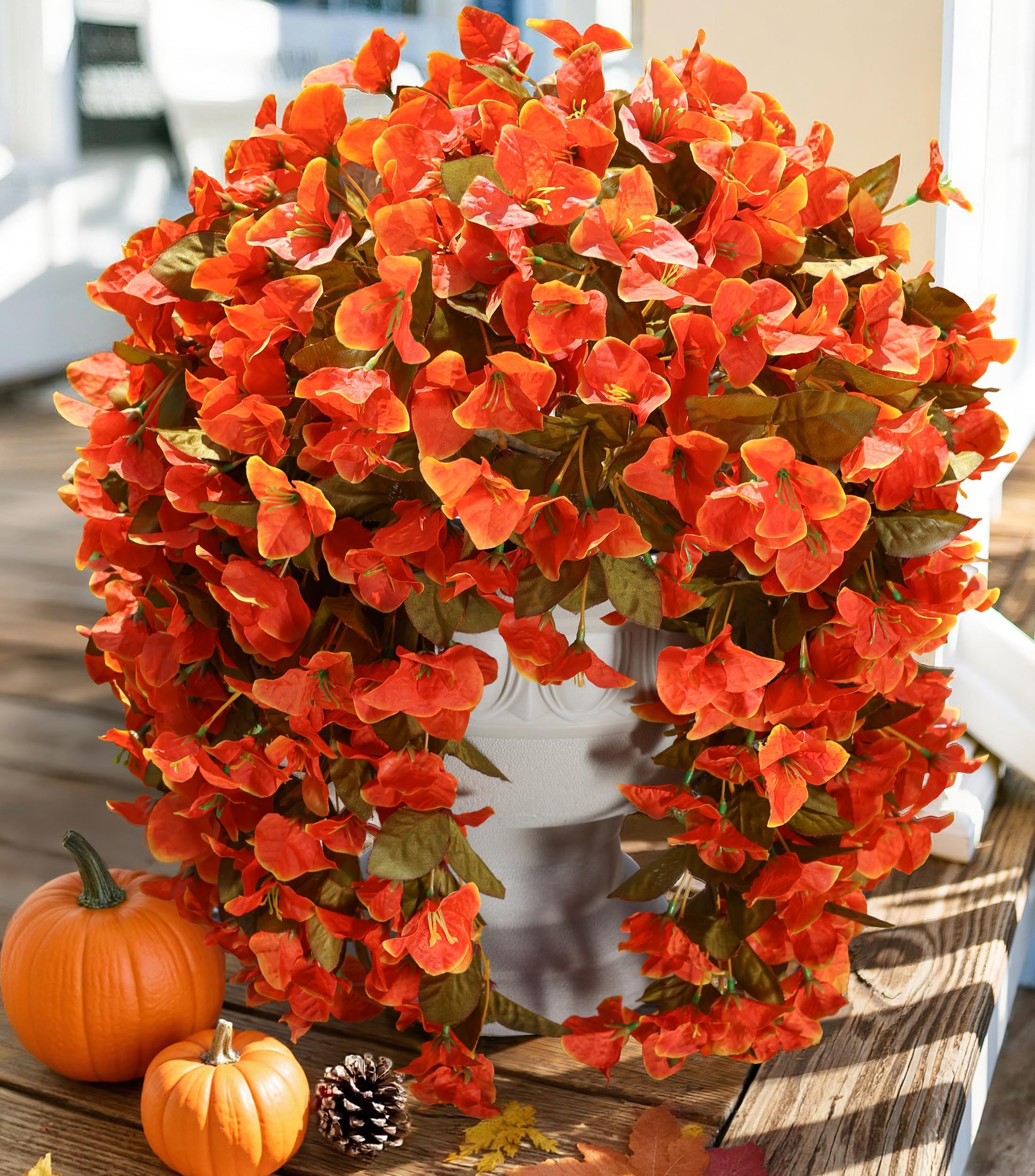 Photo 1 of Bougainvillea Artificial Flowers Plants for Outdoors Outside Fall Autumn Decor, 2 pcs Faux Silk Long Trailing Vines UV Resistant Look Real Orange Fake Flowers for Front Door Porch Planter Urn Patio
