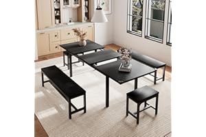 Einhomn 5 Piece Dining Table Set for 4-8, 63" Extendable Kitchen Table Set with 2 Benches & 2 Stools, Farmhouse Dining Room Table for Small Space, Metal & Wood Support, Black