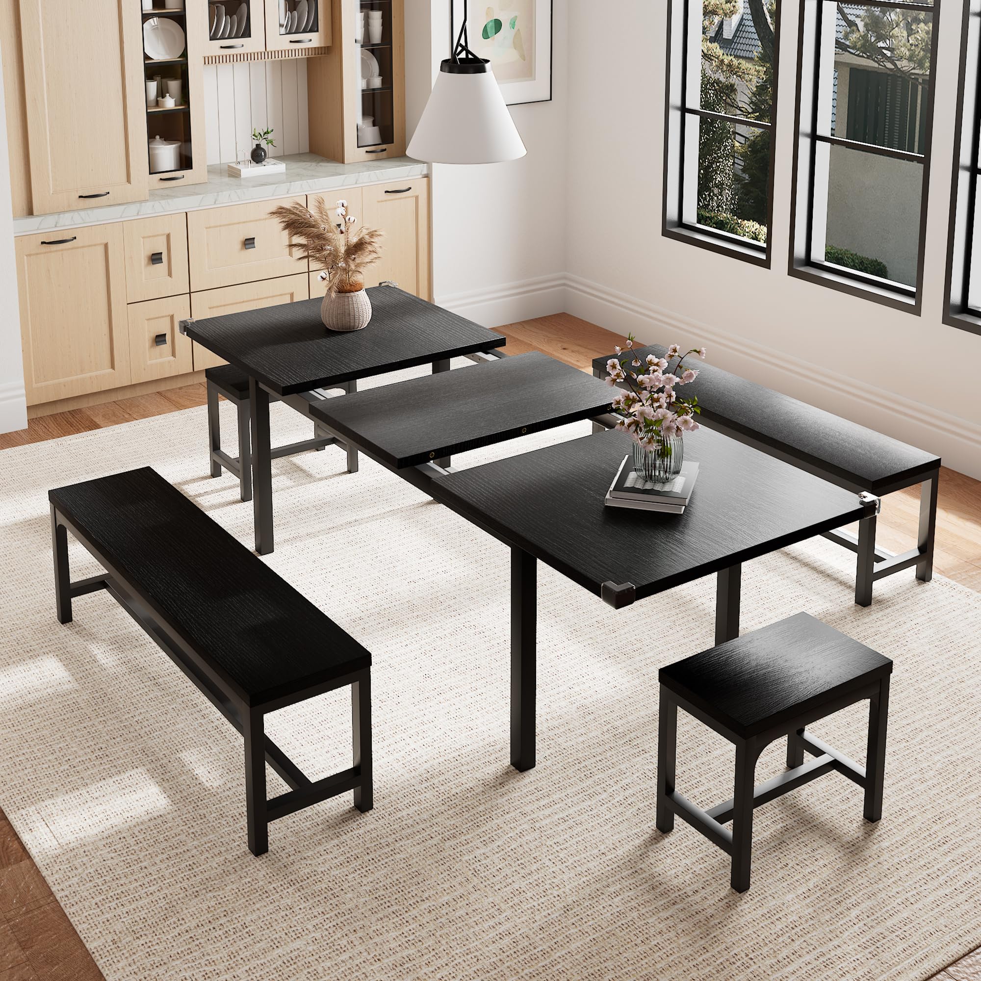 Photo 1 of *USED*
Einhomn 5-Piece Dining Table Set for 4-6, 63" Extendable Kitchen Table with 2 Benches & 2 Stools, Metal Frame & MDF Board, Farmhouse Space-Saving Dinette for Kitchen, Dining Room, Black