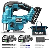 SEESII Jig Saw, Cordless Jigsaw Tool with 2&times;2.0Ah Batteries and Charger | &plusmn;45&deg; Bevel Cuts, 4 Orbital for Wood Metal PVC Cutting, Variable Speed, with 9 Blades, LED Light, Safety Lock, Storage Bag