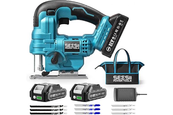 SEESII Jigsaw, 21V Cordless Jig Saw, Scie Sauteuse with Batteries and Charger, 0°-45° Bevel Cuts, 4 Orbital Actions, 2800SPM
