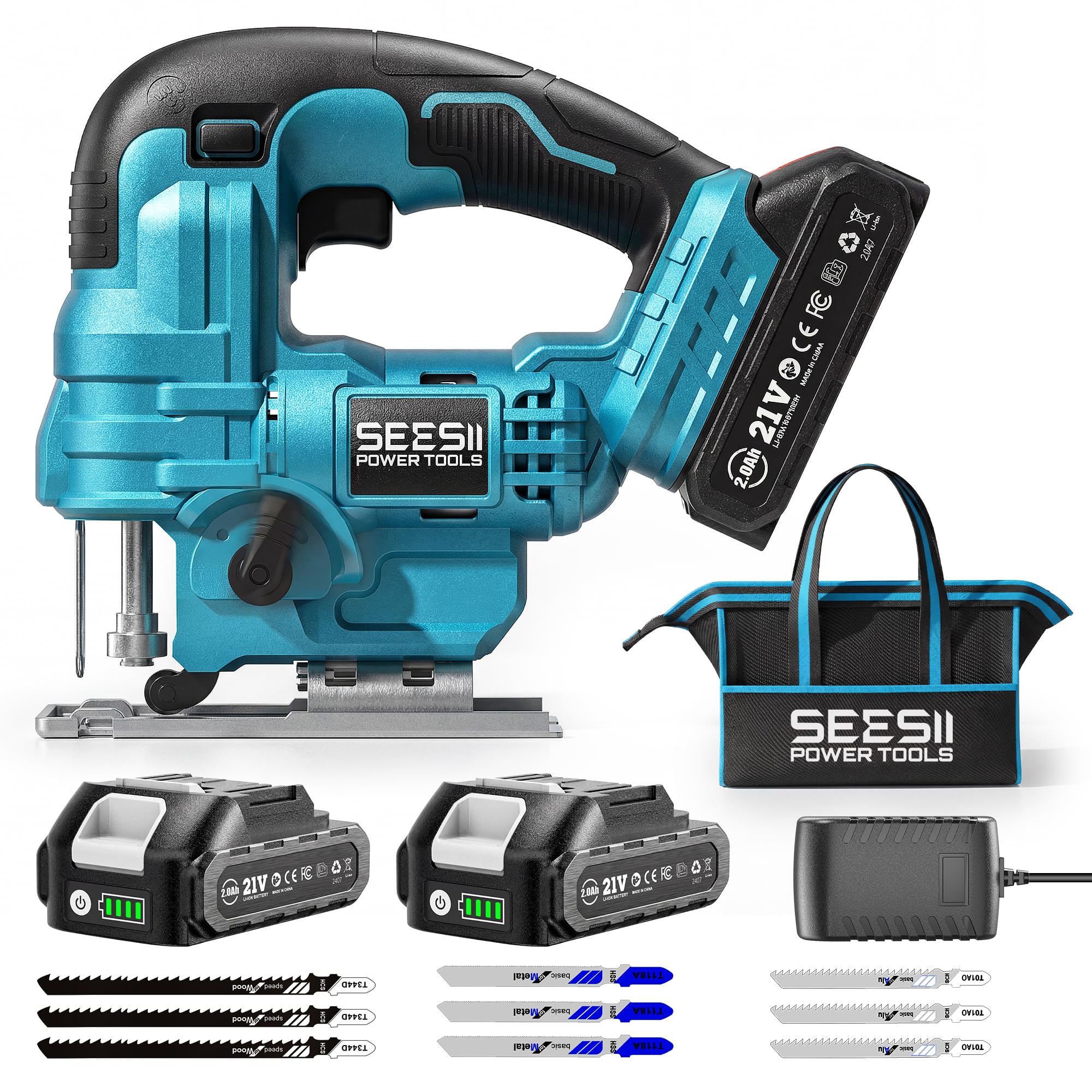 Seesii Stichsäge 21V, Akku Stichsäge mit Akkus und Ladegerät Set, 6-Stufen, Mit LED, 0°-45° Gehrung, 4 Pendelhub-Einstellungen, 20mm Hubhöhe, 2800 SPM, 9 Sägeblättern, mit Tragetasche