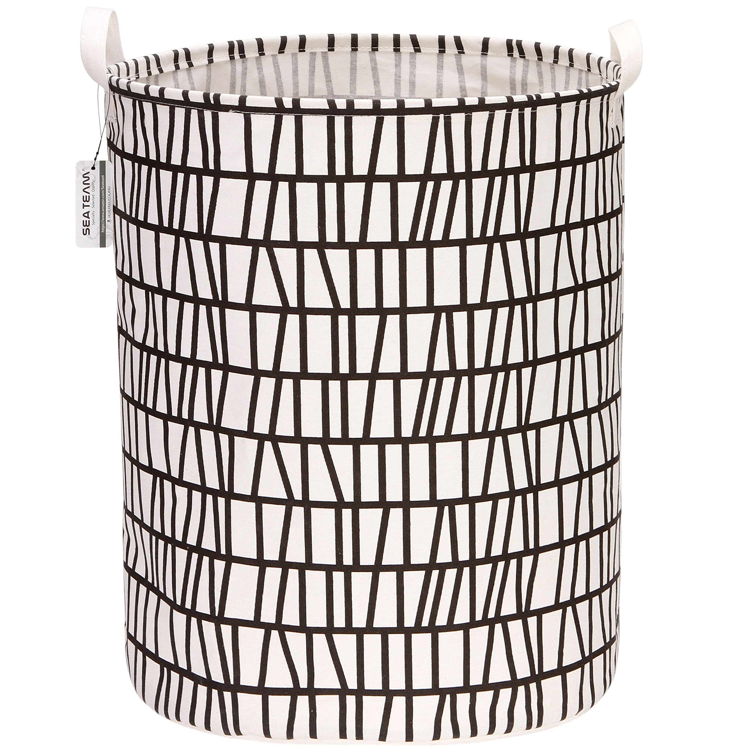 Sea Team 19.7 Inch Large Sized Waterproof Coating Ramie Cotton Fabric Folding Laundry Hamper Bucket Cylindric Burlap Canvas Storage Basket with Stylish Branch Black Design — image 1