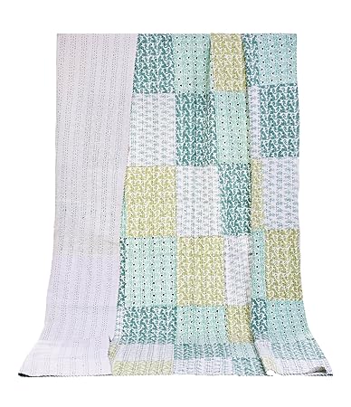 Handicraft-Palace Cotton White Patchwork Double Kantha Bedspread Hand Quilted Quilt Bed Cover Blanket Throw Gudri Coverlet