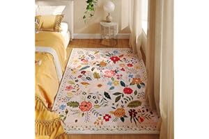 Rugcomf Bedroom Rug 3x5 Rug Washable Area Rug Non Slip Low Pile Boho Floral Small Carpet for Bedroom, Bedside, Kitchen, Entryway, Kids Room, Office, College Dorm Essentials for Girls(Beige)