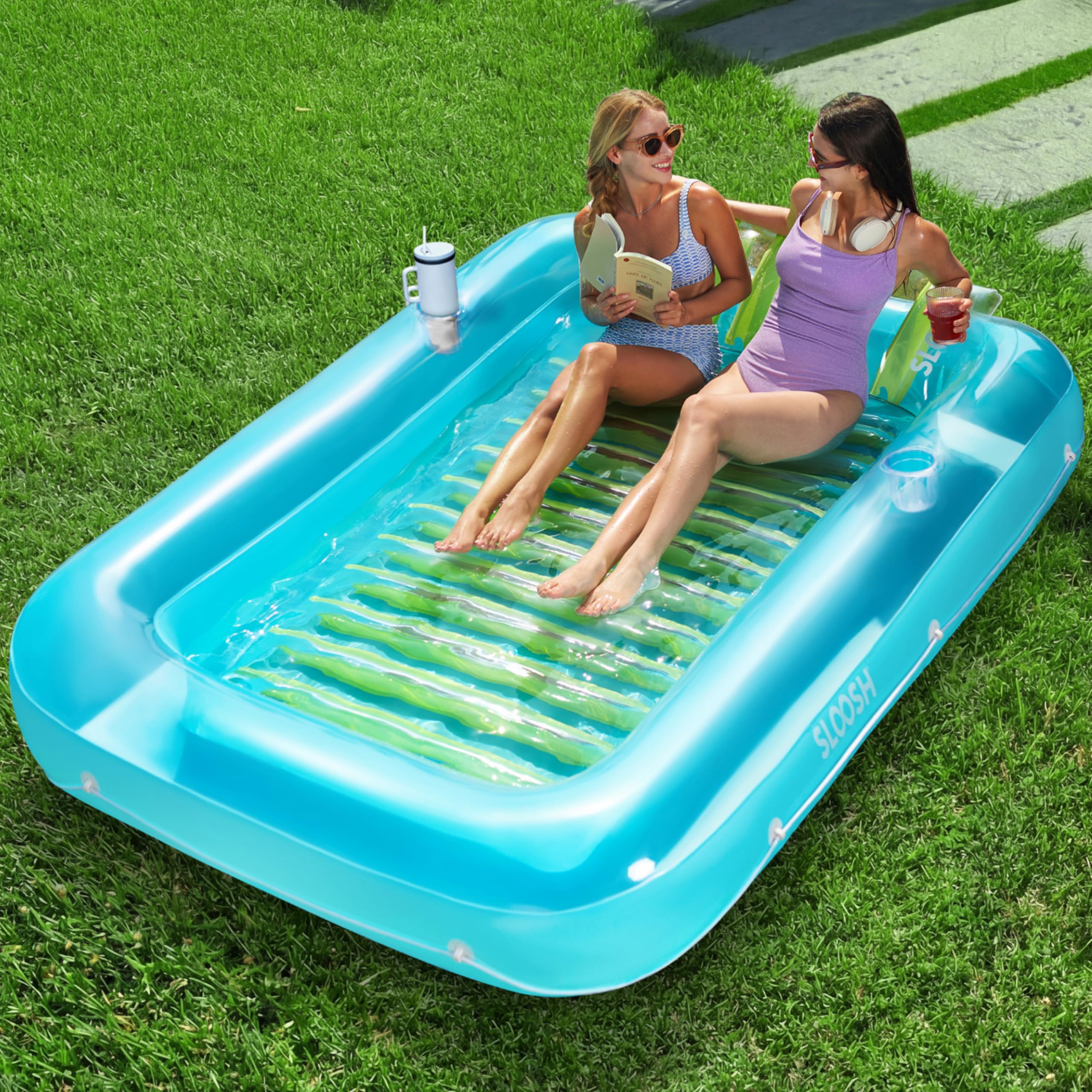 SLOOSH Inflatable Tanning Pool Lounger Float, 85" x 57" Extra Large Pool Floats Adult with Pillow, 4 in 1 Suntan Tub Raft Floatie,Sunbathing Bed Lounge for Water Blow Up Party Gifts, XL-Blue Green
