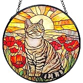 TNUW Cat Poppy Flower Stained Glass Window Hanging, Tabby Cat Gifts Sun Catchers Indoor Window Glass Round Wall Art Decor, Cottagecore Floral Kitten Wall Hanging Decorations, 7.9"x7.9"
