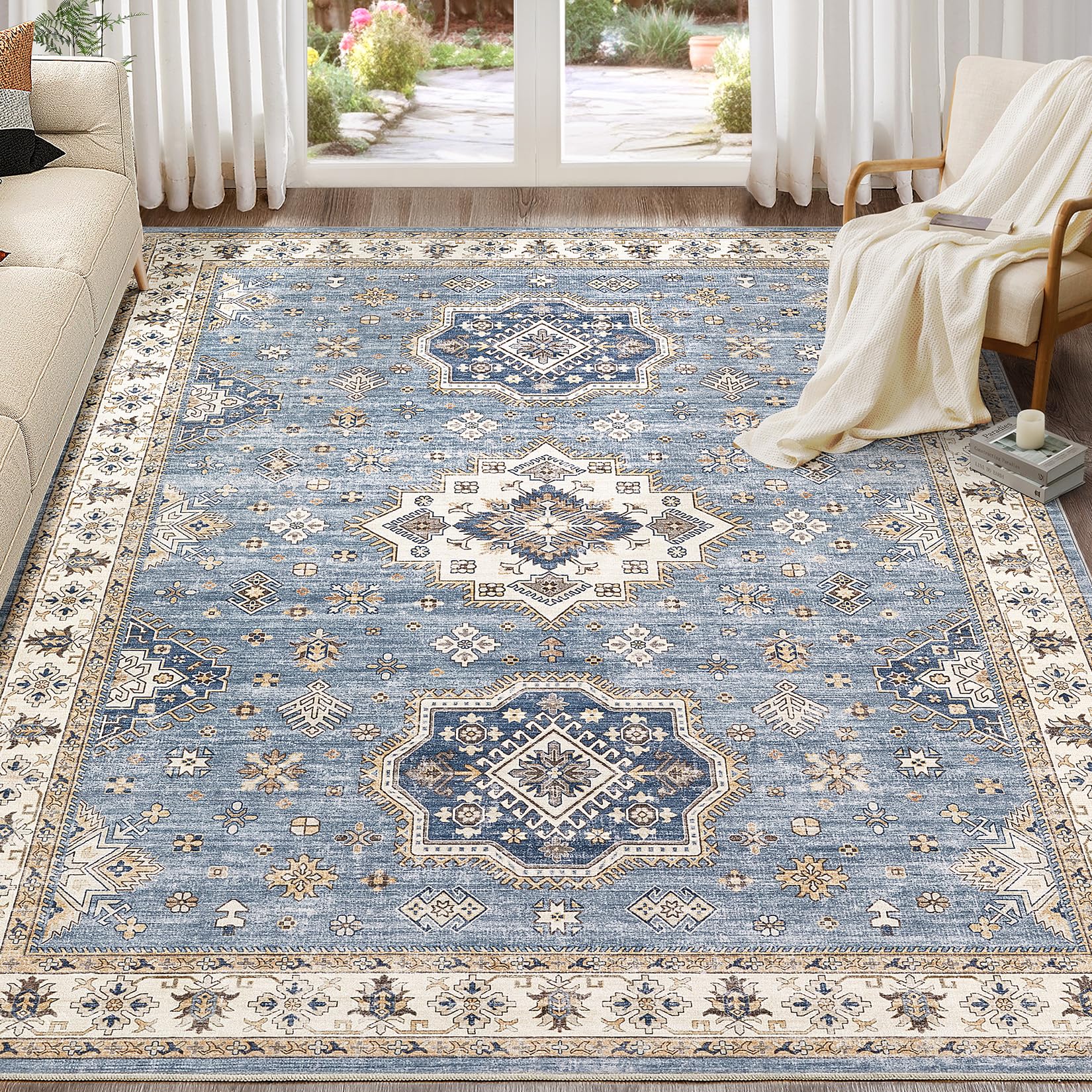 Photo 1 of EIEIHOUSE Washable Area Rugs for Living Room -10x14 Neutral Vintage Distressed Floral Farmhouse Boho Large Soft Floor Rug Indoor Non Slip Carpet for Living Room Bedroom Dining Room Office - Blue