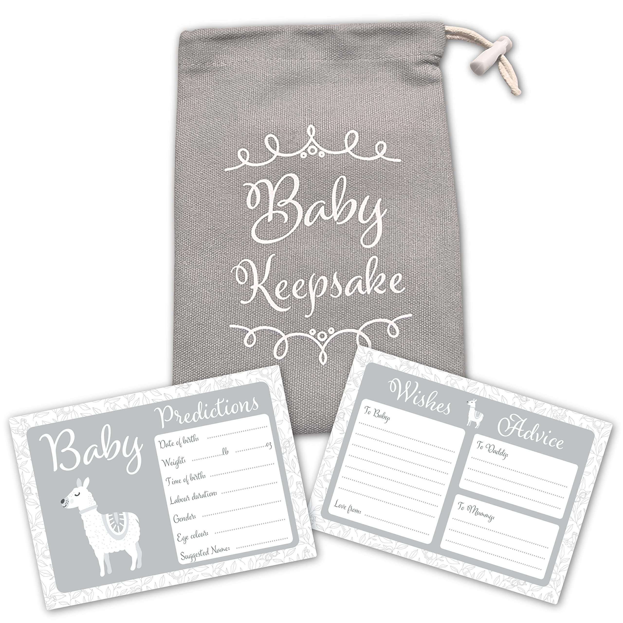 Baby Shower Game - 30 Baby Prediction/Advice/Wishes Cards - Keepsake Pouch in Grey Canvas for Boy, Girl, Neutral/Unisex Baby Shower Party/Maternity Gift/Guestbook