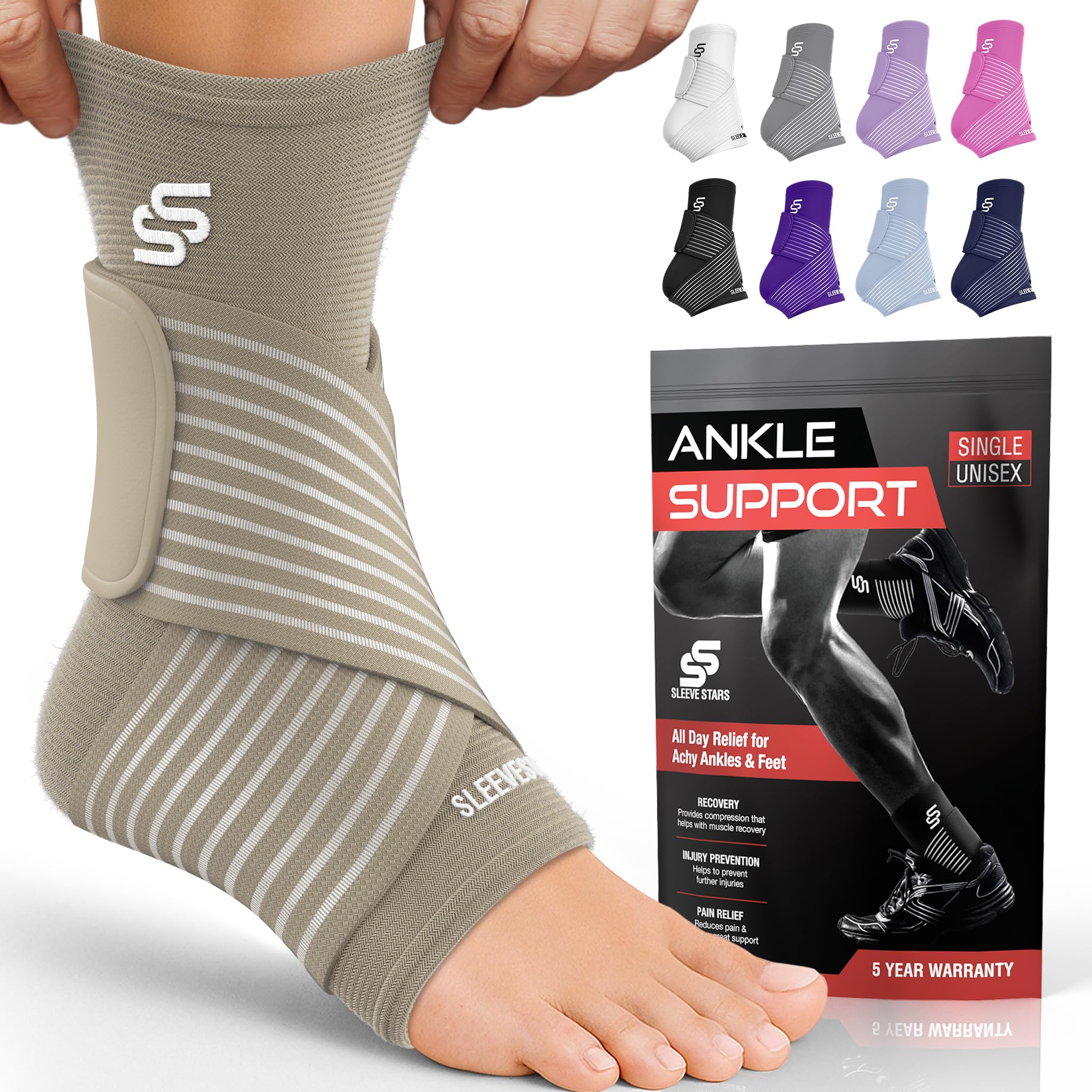 Photo 1 of Sleeve Stars Ankle Brace for Women & Men, Ankle Wrap for Sprain, Compression Sleeve for Plantar Fasciitis Relief, Easy Customizable Support: w/ Removable Strap (Pair/M:10"-12"/Beige)