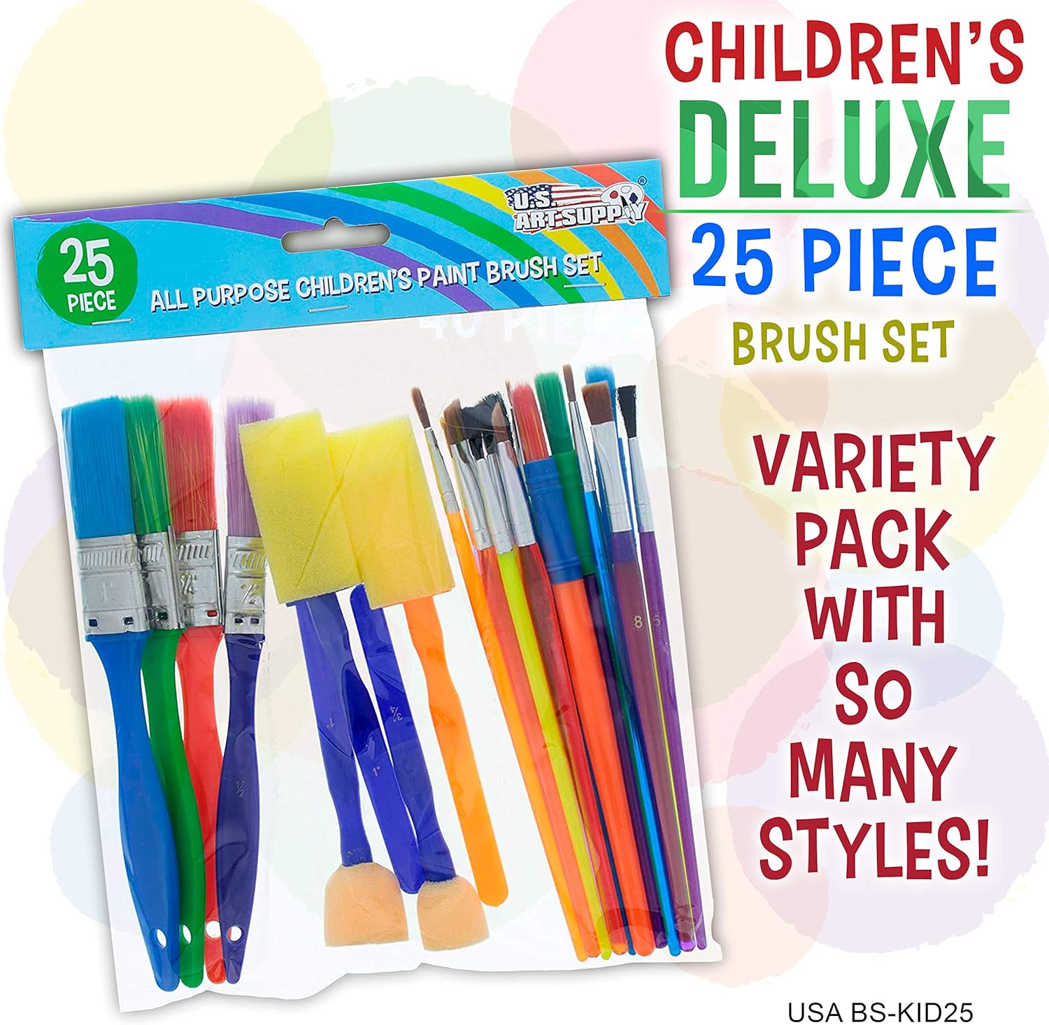 U.S. Art Supply 25-Piece Children's All Purpose Paint Brush Set - Artist Variety Value Pack, 6 Types, Flat, Round, Chip, Mop, Foam Tipped Brushes - Fun Kid's Party, School Student Class Craft Painting: Kitchen & Dining