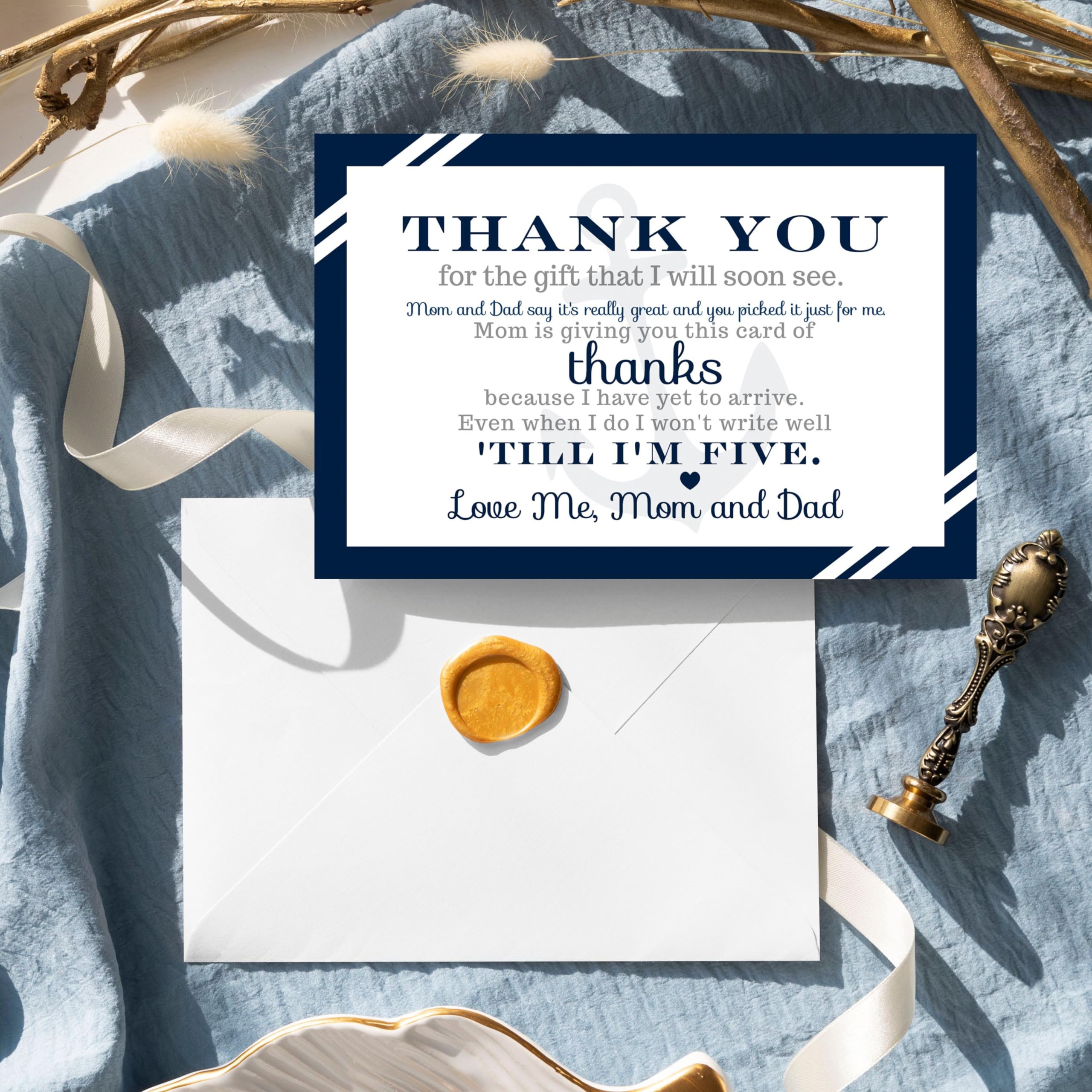 Nautical Baby Shower Thank You Cards with Envelopes (25 Pack) Preprinted Message from Baby Boys with Customizable Space for Handwritten Note from New Parents, 4x6 Double-Sided Card Navy Blue