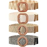 WILLBOND 4 Pcs Straw Woven Belt Elastic Stretch Rattan Buckle Waist Belt Women Skinny Raffia Dress Waist Band