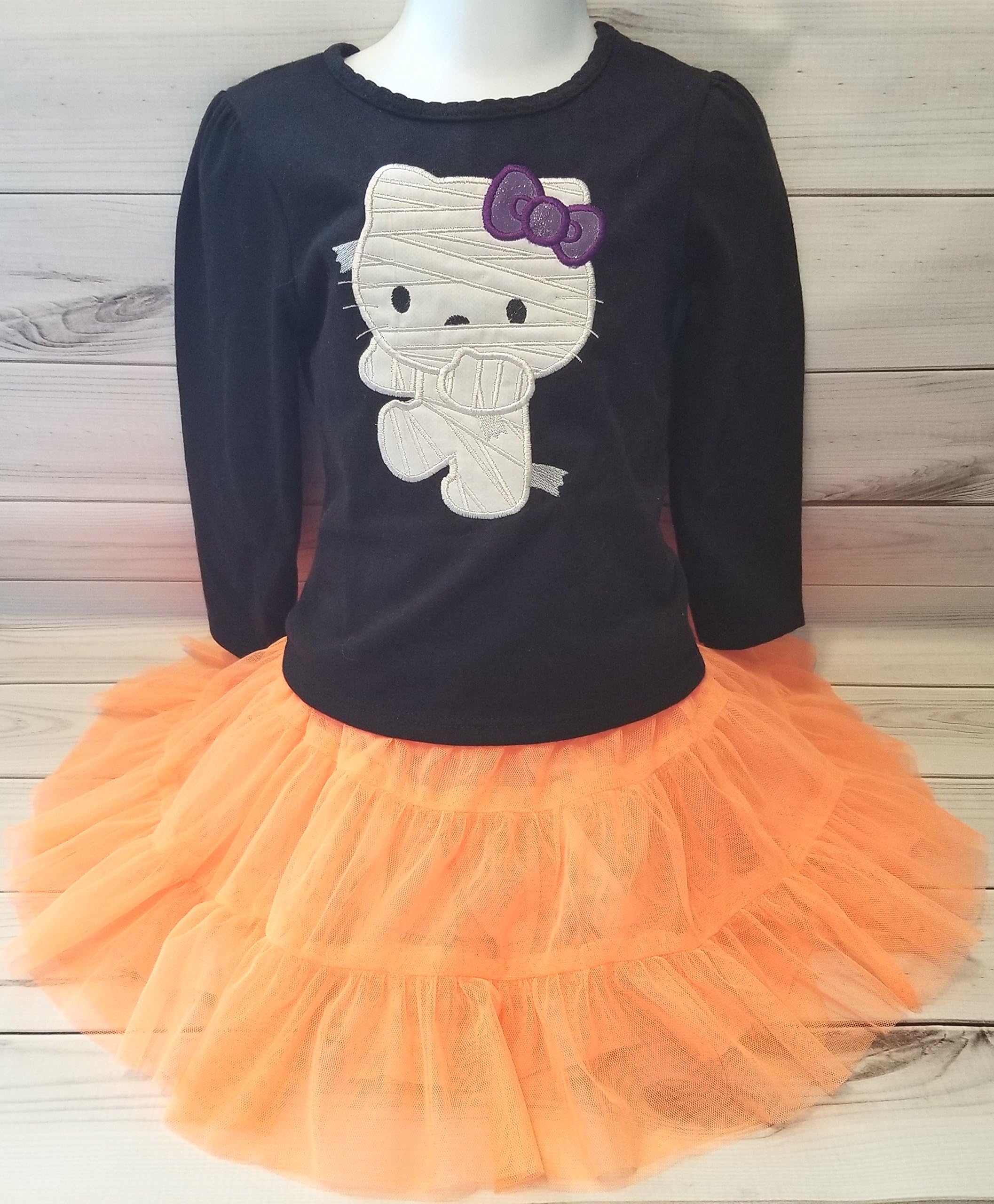 Girl Kitty Halloween Shirt Mummy Bandage Zombie Glow Dark & orange tulle skirt 2T READY TO SHIP