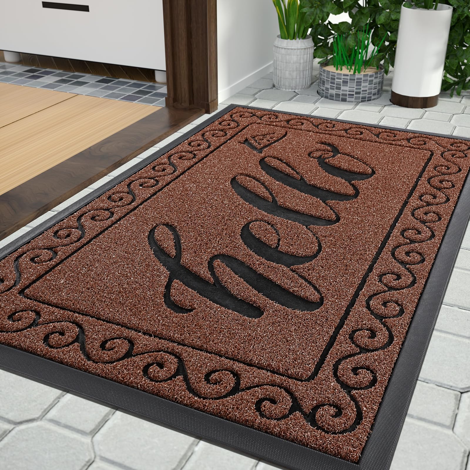 Yimobra Hello Front Door Mat, Heavy Duty Easy Clean Doormat Indoor Outdoor, Waterproof Quick Dry Floor Mat for Home, Garage, Hign Traffic Areas, Non Slip, Low Profile, 92x61 cm, Maroon