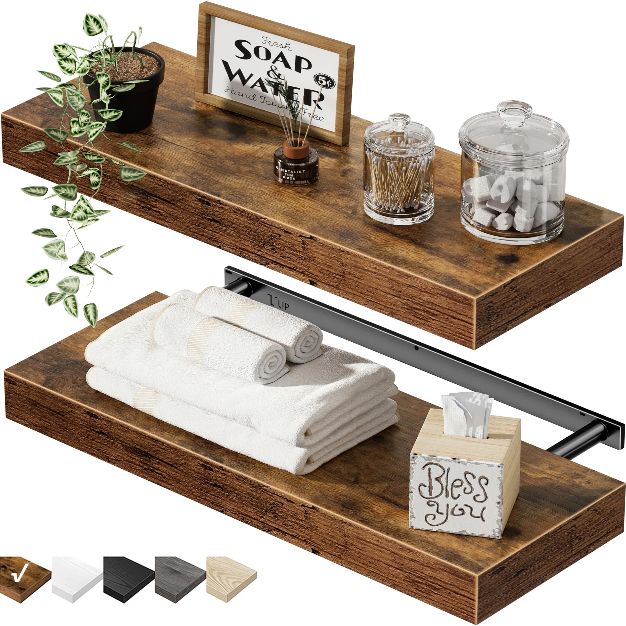 Photo 1 of QEEIG Bathroom Floating Shelves for Wall - 15.7" Wall Mounted Shelf Over Toilet Farmhouse Home Decor Display Bookshelf Small 15.7 x 6.7 inch Set of 2, Rustic Brown (008-40BN)