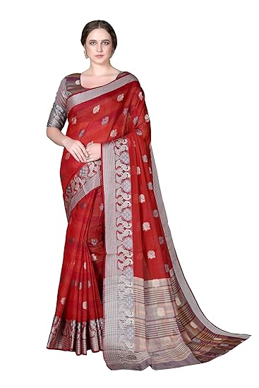 Cotton Shopy Womens Banarasi Cotton & Art Silk Blend Saree with Unstitched Blouse Pieces