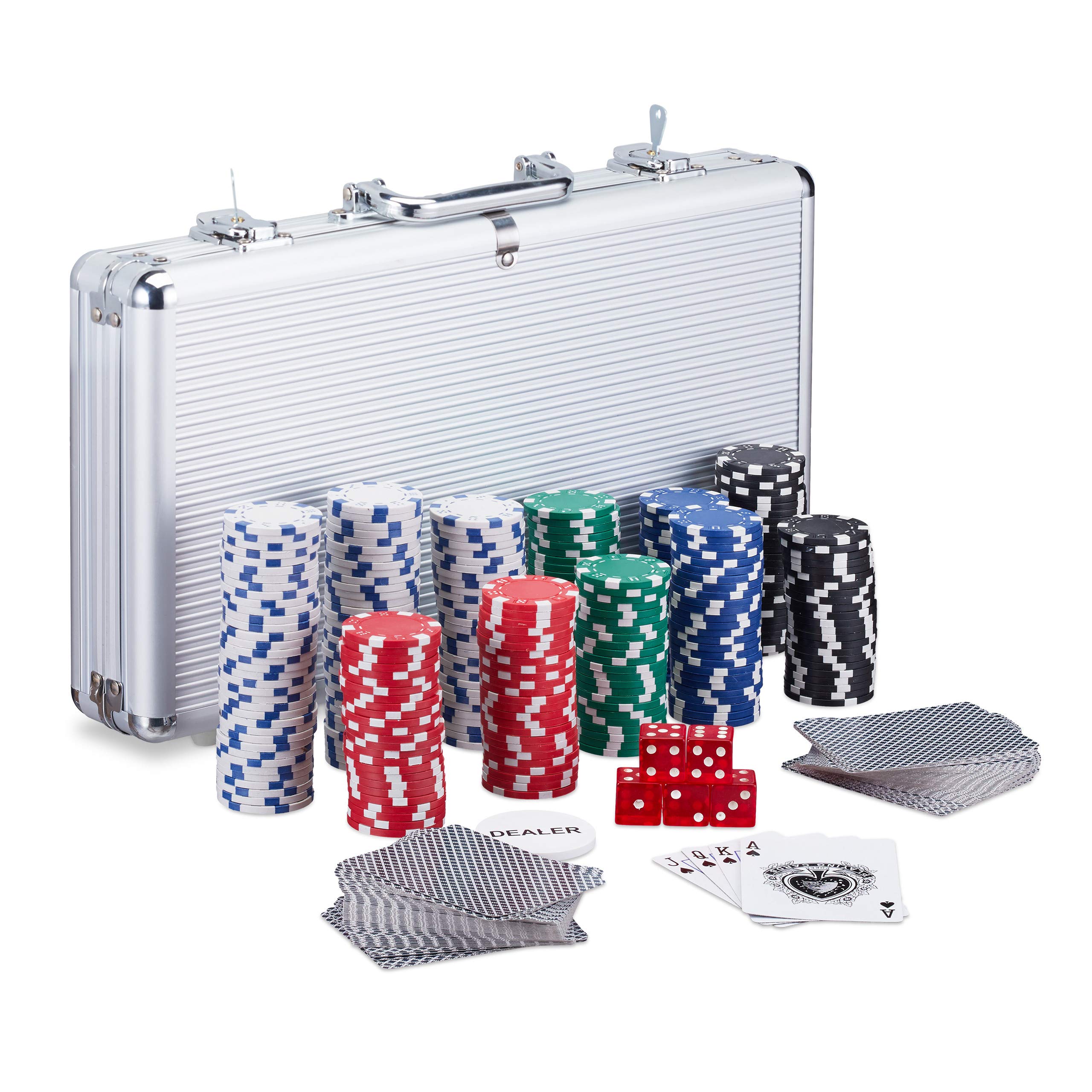 Relaxdays Poker Case, 300 Laser Poker Chips, 2 Card Decks, 5 Dice, Dealer Button, Lockable Aluminium Case, Silver