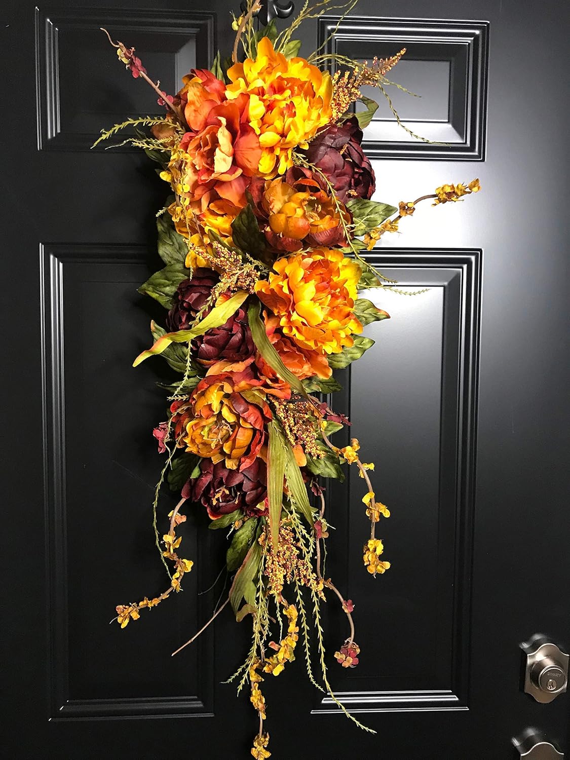 Large Elegant Fall Peony Teardrop Swag Wreath for Front