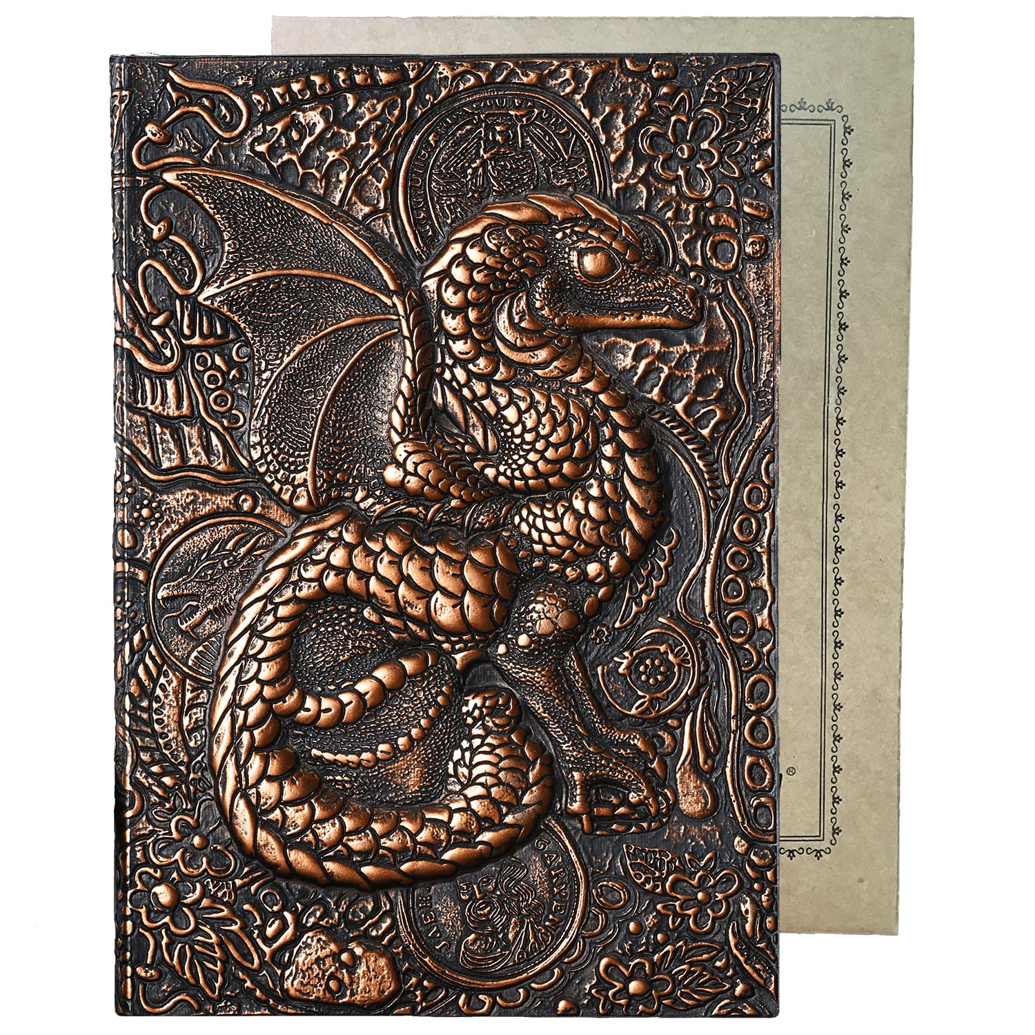 YHH Notebook A5 Lined Hardback, Handmade, Embossed, Pages in 2 Colours, Vintage Leather Journal Writing Diary Notepad Christmas Gifts for Men Women, University Gift for Friends, Dragon1 Copper