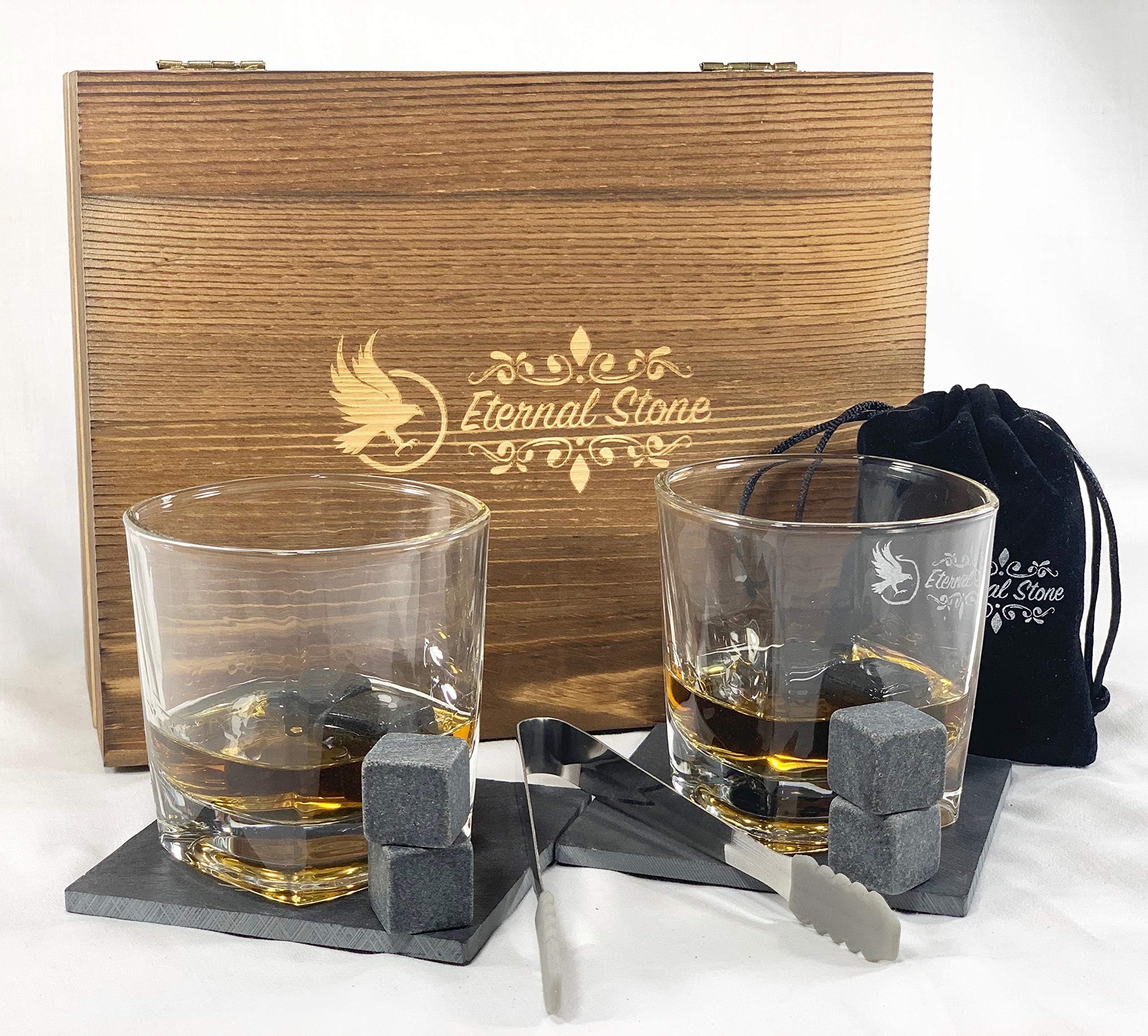 Whiskey Stones Gift Set- 8 Granite Chilling Rocks, 2 Crystal Scotch Whiskey Glasses, Slate Table Coasters, Tongs, Velvet Bag in Handcrafted Wooden Box | Gift for Husband, Dad, Birthday or Anniversary