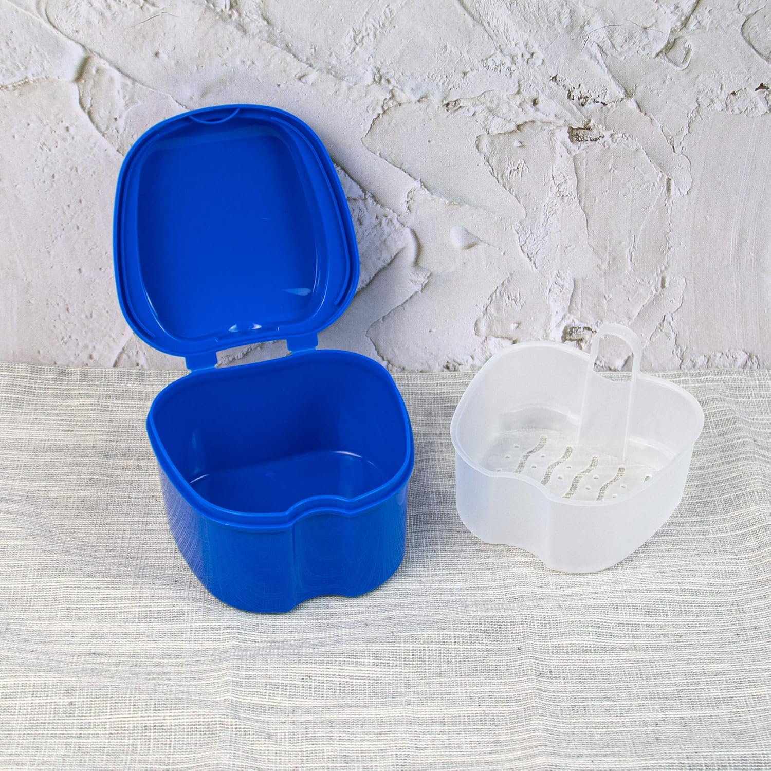 AUEAR, 2 Pack Denture Box with Basket Dark Blue and Light Blue Plastic Denture Box with Net Container for Home Travel: Health & Personal Care