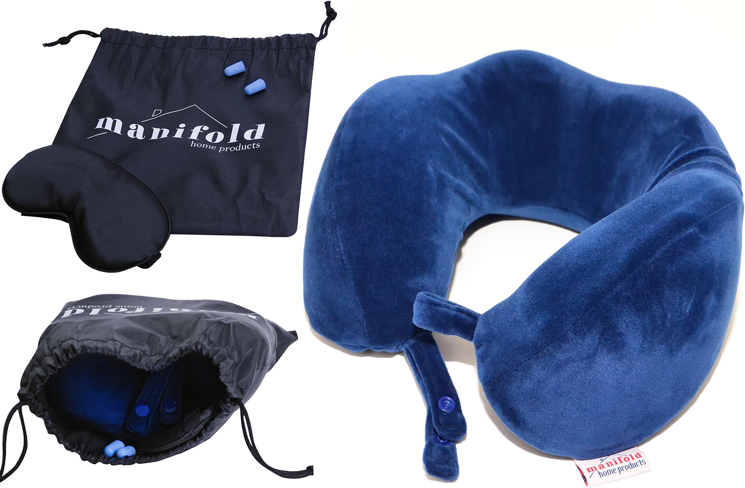 Manifold Home Products Travel Pillow by Memory Foam Neck Pillow — Better Support than an Inflatable Travel Pillow — FREE Bonus Eye Mask and Earplugs