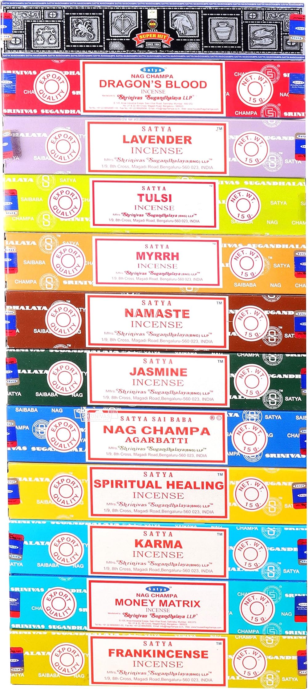 Satya Incense Sticks Series 1, 12 Popular Scents, 12x15g Box