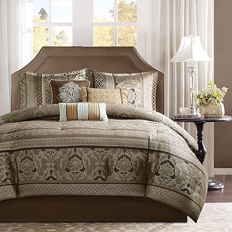 Amazon Com Madison Park Cozy Comforter Set Luxurious Jaquard Traditional Damask Design All Season Down Alternative Bedding With Matching Shams Decorative Pillow Queen 90 X90 Brown Gold 7 Piece Home Kitchen