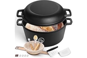 E-far 5QT Dutch Oven for Bread Baking, 2-IN-1 Cast Iron Pot with Skilled Lid & Sourdough Starter Kit, Bread Oven Pan with Bak
