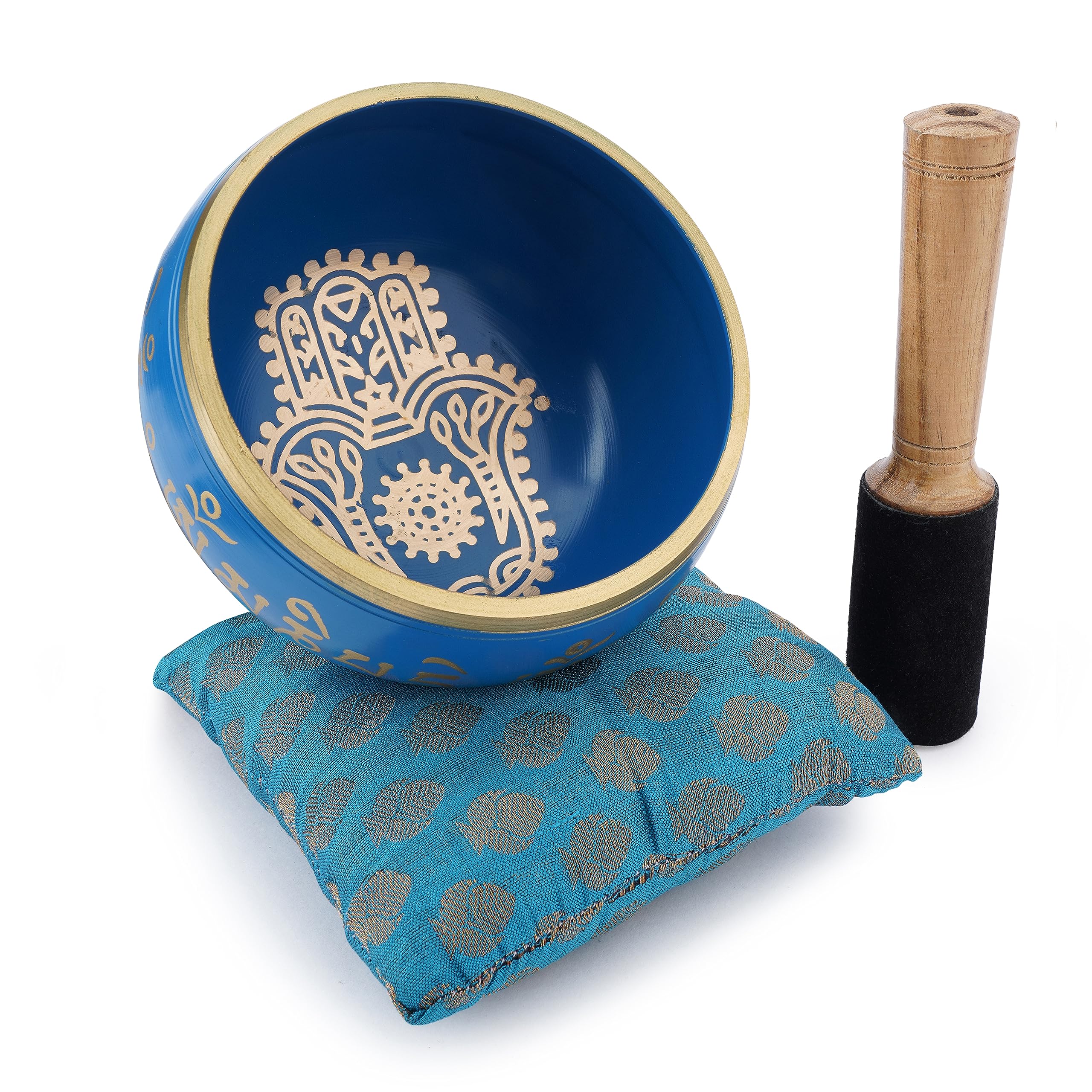 Ajuny Tibetan Singing Bowl Set Handmade Brass Sound Bowl with Mallet & Cushion Hamsa Hand Design Meditation Yoga Mindfulness & Chakra Healing Therapy Stress Relief Gift (Gold/Blue, 4 In)