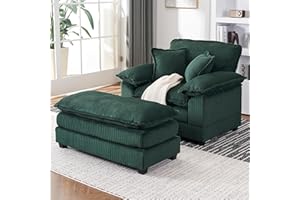 LuxyHoom 56.3'' Oversized Chaise Lounge Indoor, Wide Corduroy Single Sofa Chair with Ottoman, Plush Upholstered Deep Seat, Lazy Sleeper Sofa for Living Room, Apartment, Salon, Home Theater, Green
