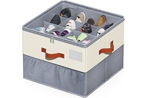 Shoe Organizer for Closet, Foldable Shoe Storage box with Transparent cover, shoe storage with handles Adjustable Dividers in