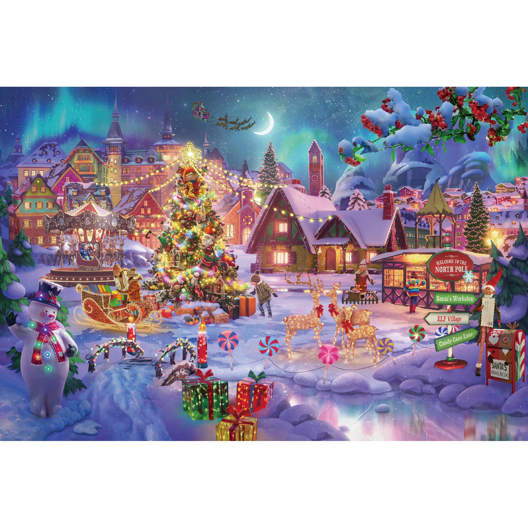 Lavievert Wooden Jigsaw Puzzle 1000 Piece Puzzle for Adults - Christmas Tree, Snowman, Milu Deer & Presents on Snowy Christmas Eve
