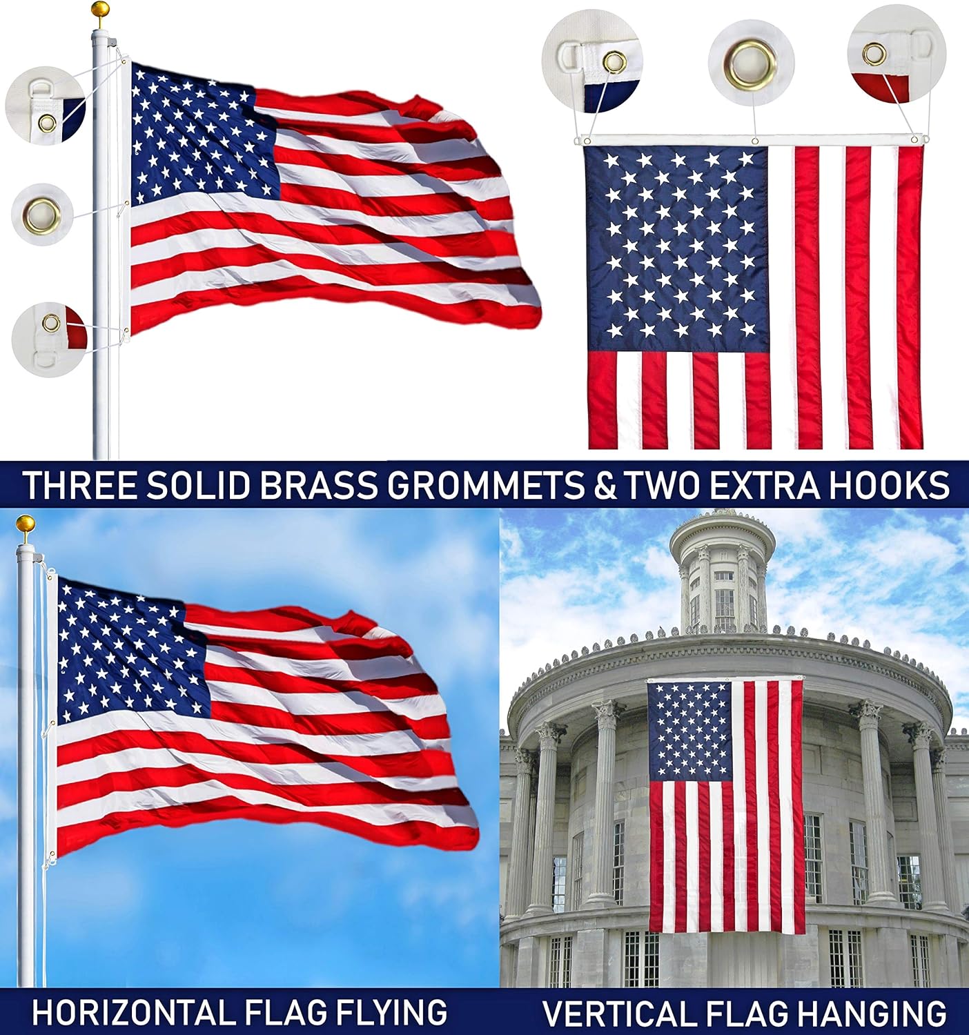 G128 American Flag 5x8 ft USA US Flag Embroidered Stars Sewn Stripes Brass Grommets Durable Indoor Outdoor Use : Garden & Outdoor