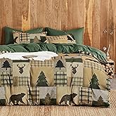 Wake In Cloud - Rustic Comforter Set, Cabin Western Christmas Holiday Country Theme with Bear Deer Lodge Patchwork, Soft Lightweight Bedding, 3 Pieces, Green Brown, Queen Size