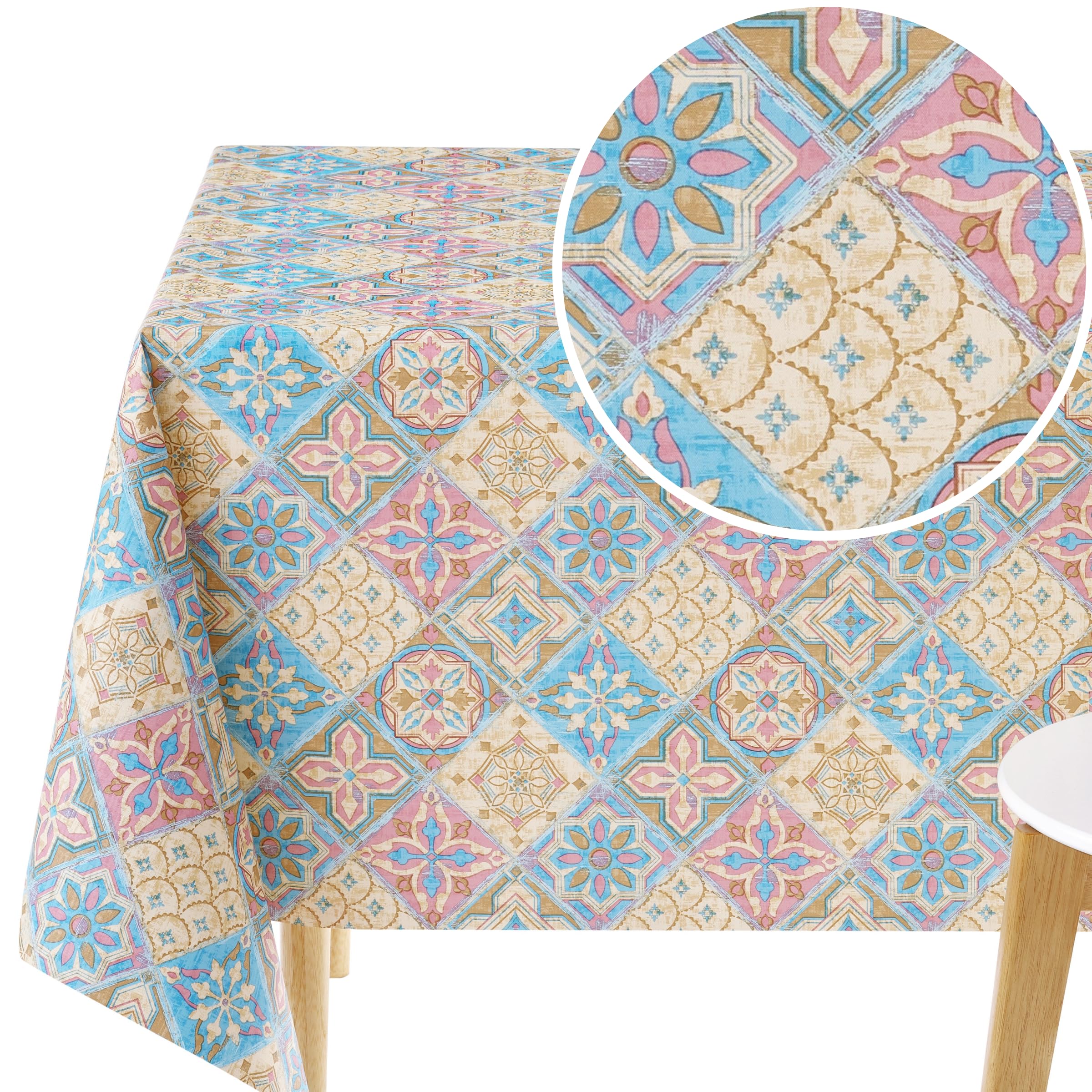 KP HOME Waterproof PVC Table Cloth - Rectangular 98x55in|250x140cm - Portuguese Azulejo Lisbon Tiles Vinyl Tablecloth Rectangle - Dinning Plastic Table Cover Wipe Clean in Bright and Colourful — image 1