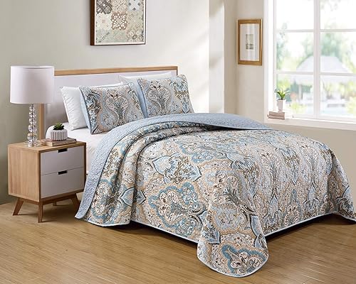 Better Home Style 2-Piece Luxury Blue Taupe Floral Quilt Bedspread