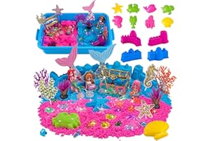 Mermaid Sensory Bin, Play Sand Box Toys with 2.65lbs Colored Sand, 12 Ocean Animals & Castle Molds, 3 Mermaid Action Figures,
