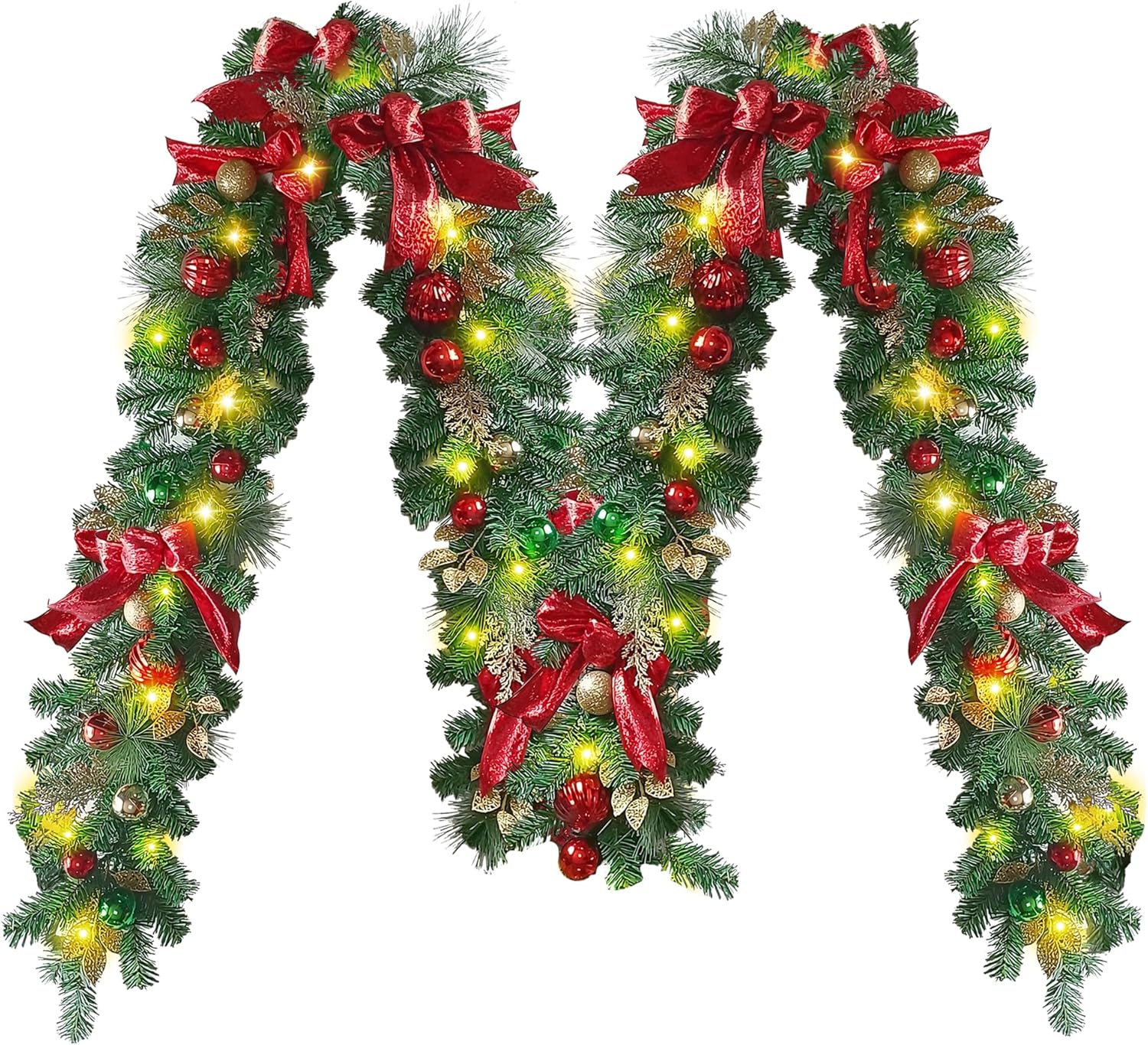 Wreaths, Garlands & Swags - yoyomax Christmas Garland, Pre-Lit Artificial Christmas Garland with Lights for Indoor Outdoor Christmas Decorations, 40 LED Lights, Battery Operated, Christmas Collection, 9 Feet-Red