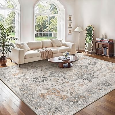 Alfombra Salon Vintage Alfombras de Área Lavables en Máquina, Alfombras con Base Antideslizante, Alfombra de Dormitorio de Pelo Corto para Cocina, Comedor, Marrón Claro Taupe, 200X290CM